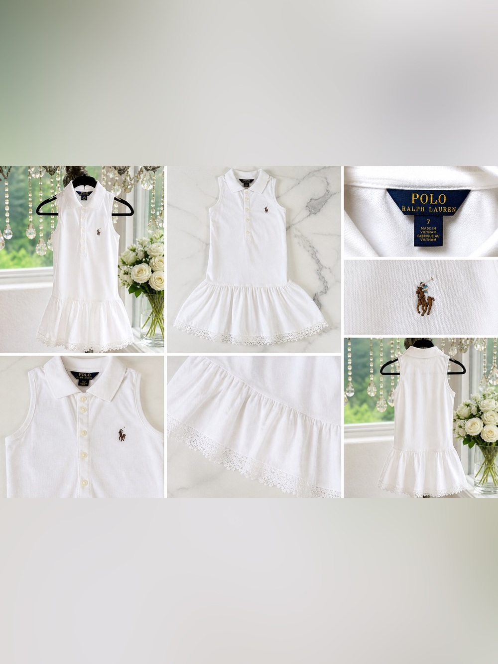 Ralph Lauren White Sleeveless Polo Dress with Eyelet Lace Hem